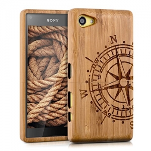 kwmobile Holz Hülle Bambus Case für Sony Xperia Z5 Compact - Handy Schutzhülle Cover mit Kompass Design in Hellbraun - 1