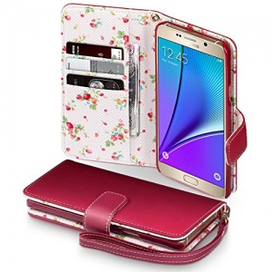 Samsung Galaxy Note 5 Cover, Terrapin Handy Leder Brieftasche Case Hülle mit Kartenfächer für Samsung Galaxy Note 5 Hülle Rot mit Blumen Interior - 1