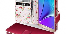 Samsung Galaxy Note 5 Cover, Terrapin Handy Leder Brieftasche Case Hülle mit Kartenfächer für Samsung Galaxy Note 5 Hülle Rot mit Blumen Interior - 1