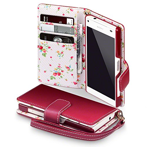 Sony Xperia Z5 Compact Cover, Terrapin Handy Leder Brieftasche Case Hülle mit Kartenfächer für Sony Xperia Z5 Compact Hülle Rot mit Blumen Interior - 1