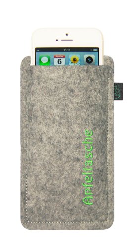 Filztasche für iPhone5, Apfeltasche hellgrau, Filz Tasche, Schutzhülle speziell für iPhone5, hochwertig bestickt mit "APFELTASCHE"; 100 % Wollfilz, Hülle speziell angepasst an das neue iPhone! - 1
