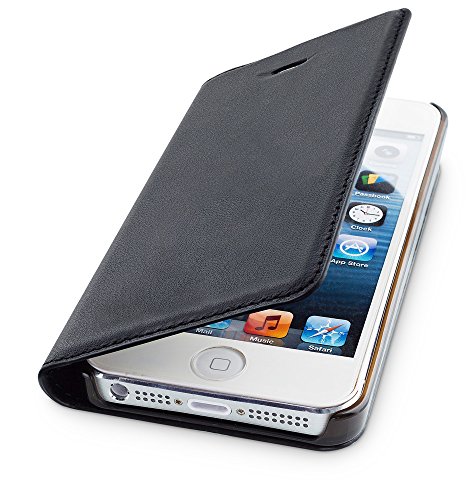 wiiuka Echt Ledertasche TRAVEL Apple iPhone 5 / 5S / SE Hülle mit Kartenfach Schwarz extra Dünn Premium Design Leder Tasche Case - 1