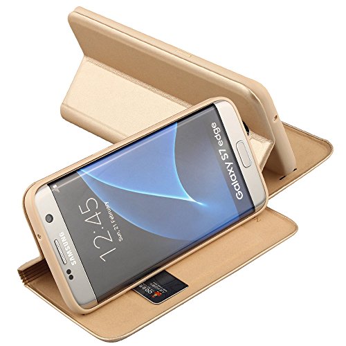 Nouske Lederklapphülle Tasche für Samsung Galaxy S7 Edge Schutzhülle handgefertigt geschwungene Kanten mit Aufsteller und Kartenfach TPU Cover Hülle Gold. - 5