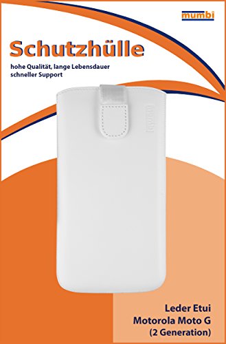 mumbi ECHT Ledertasche Motorola Moto G 2. Generation Tasche Leder Etui weiss (Lasche mit Rückzugfunktion Ausziehhilfe) -