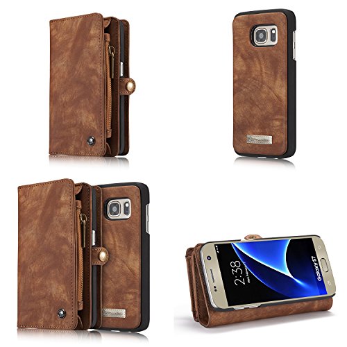 Samsung Galaxy S8 Plus Leder Case Hülle mit Kartenfächer Geldscheinfach mit Reißverschluss Magnet Handy Schutzhülle, Braun -