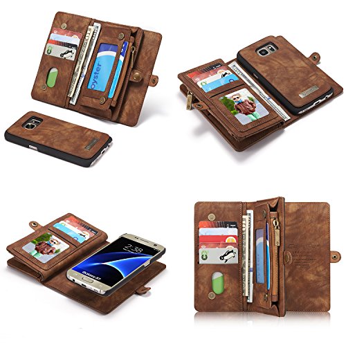 Samsung Galaxy S8 Plus Leder Case Hülle mit Kartenfächer Geldscheinfach mit Reißverschluss Magnet Handy Schutzhülle, Braun -